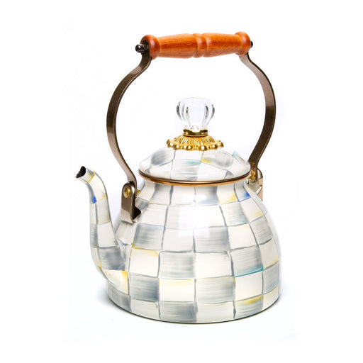MacKenzie Childs | Sterling Check Tea Kettle, 2 QT., featuring a hand-painted checkerboard pattern on metal, wooden handle, and a crystal-style knob on the lid.