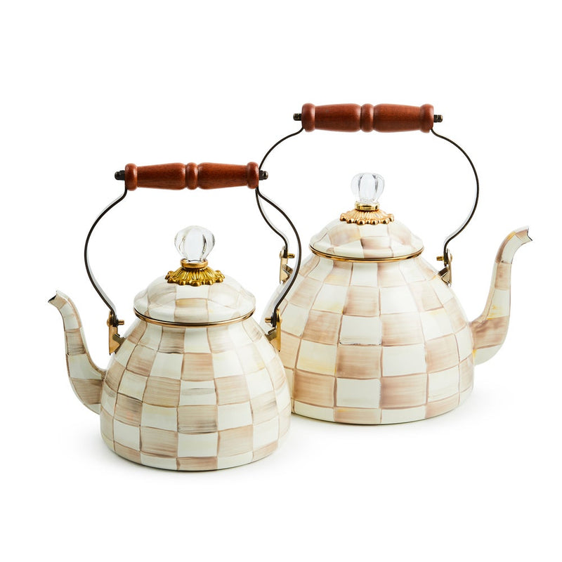 MacKenzie Childs | Mocha Check Tea Kettle, 2 QT., features hand-painted checks, a clear glass knob, and wooden-gripped handle, ideal for stylish kitchen use from Athens Cooks.