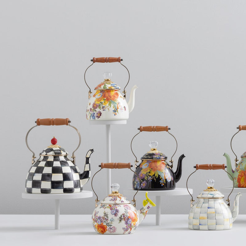 MacKenzie Childs | White Flower Market 2 Quart Tea Kettle, hand-painted with floral designs, features a wooden handle, crystal knob, and bronzed stainless steel accents.
