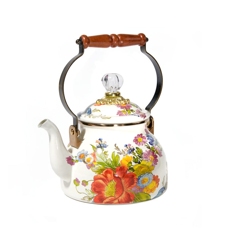 MacKenzie Childs | White Flower Market 2 Quart Tea Kettle, featuring a whimsical floral design, metal handle with wooden grip, and glass-topped lid, ideal for kitchen decor.