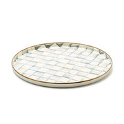 MacKenzie-Childs Sterling Check Round Tray with hand-painted checkered pattern in soft hues, featuring a bronzed rim, ideal for serving or display.