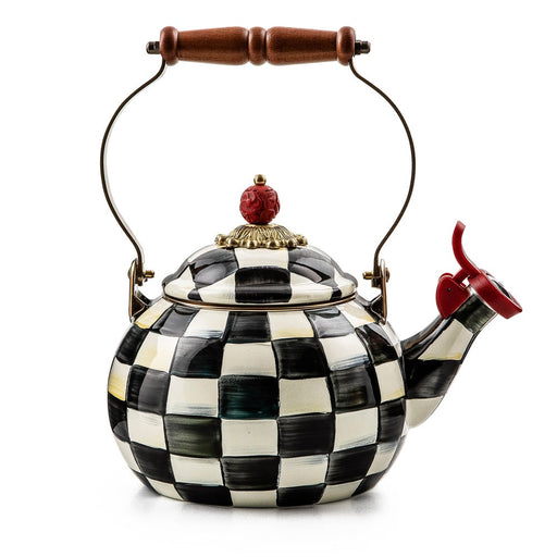MacKenzie Childs | Courtly Check Whistling Tea Kettle with hand-painted black-and-white checks, red spout cap, sculpted knob, and wooden handle, ideal for enhancing stovetop aesthetics.