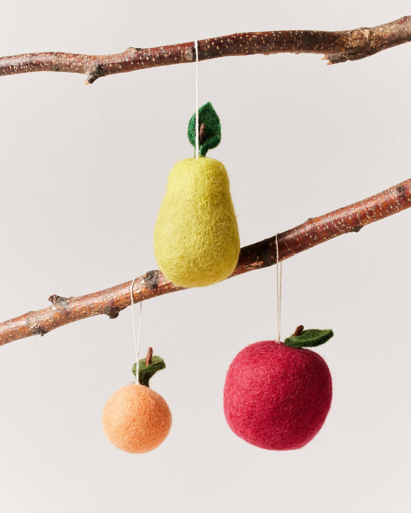 Farmhouse Pottery - Felted Fruit Ornament: Clementine, hand-felted wool clementine with green leaves and brown stem, hanging on a twig, handcrafted in Nepal.