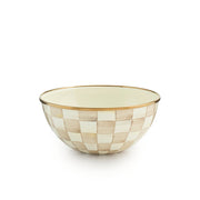 MacKenzie Childs | Mocha Check Small Everyday Bowl with cream and tan checkerboard design, gold-tone rim, ideal for versatile kitchen use.