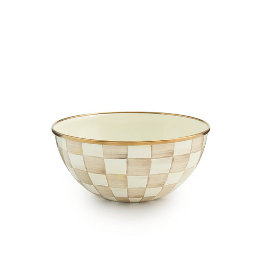 MacKenzie Childs | Mocha Check Small Everyday Bowl with cream and tan checkerboard design, gold-tone rim, ideal for versatile kitchen use.