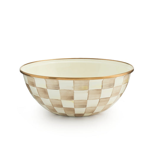 MacKenzie Childs | Mocha Check Medium Everyday Bowl with hand-painted checkerboard pattern, gold-colored rim, ideal for versatile use in any kitchen setting.