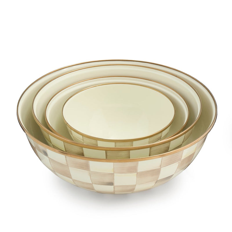MacKenzie Childs | Mocha Check Large Everyday Bowl, featuring cream-and-light-tan checkerboard pattern, gold-trimmed rims, and smooth cream interior, ideal for versatile kitchen use.