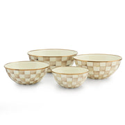 MacKenzie Childs | Mocha Check Large Everyday Bowl with cream-and-tan checkerboard design, metallic-gold rim, and hand-painted, bronzed steel trim, part of a nesting set.
