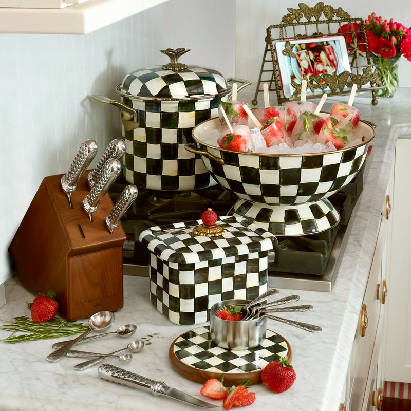 MacKenzie-Childs Courtly Check Recipe Box on countertop with matching kitchenware, surrounded by popsicles, fresh ingredients, and kitchen tools, embodying Athens Cooks' curated culinary style.