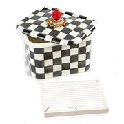 MacKenzie-Childs | Courtly Check Recipe Box with hand-painted checkerboard design, red knob, includes branded recipe cards, blending vintage charm with practicality.