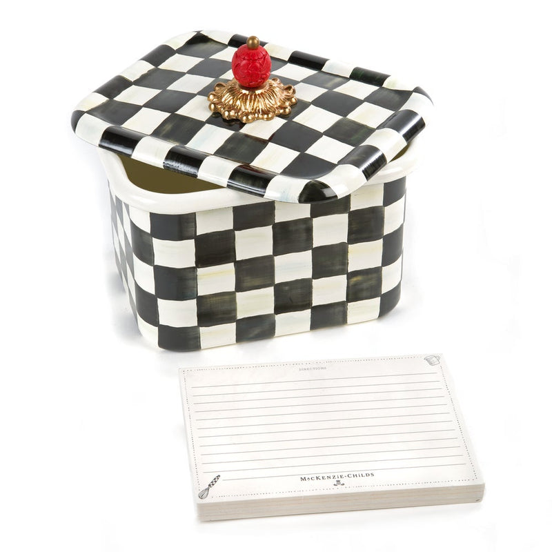 MacKenzie-Childs | Courtly Check Recipe Box with hand-painted checkerboard design, red knob, includes branded recipe cards, blending vintage charm with practicality.