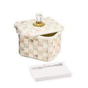 MacKenzie-Childs | Mocha Check Recipe Box with a crystal-style knob and stack of blank recipe cards, showcasing hand-painted checkerboard pattern in soft tones.