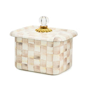 MacKenzie-Childs Mocha Check Recipe Box with hand-glazed steel, hand-painted checks, and a clear glass knob, perfect for storing recipe cards stylishly.