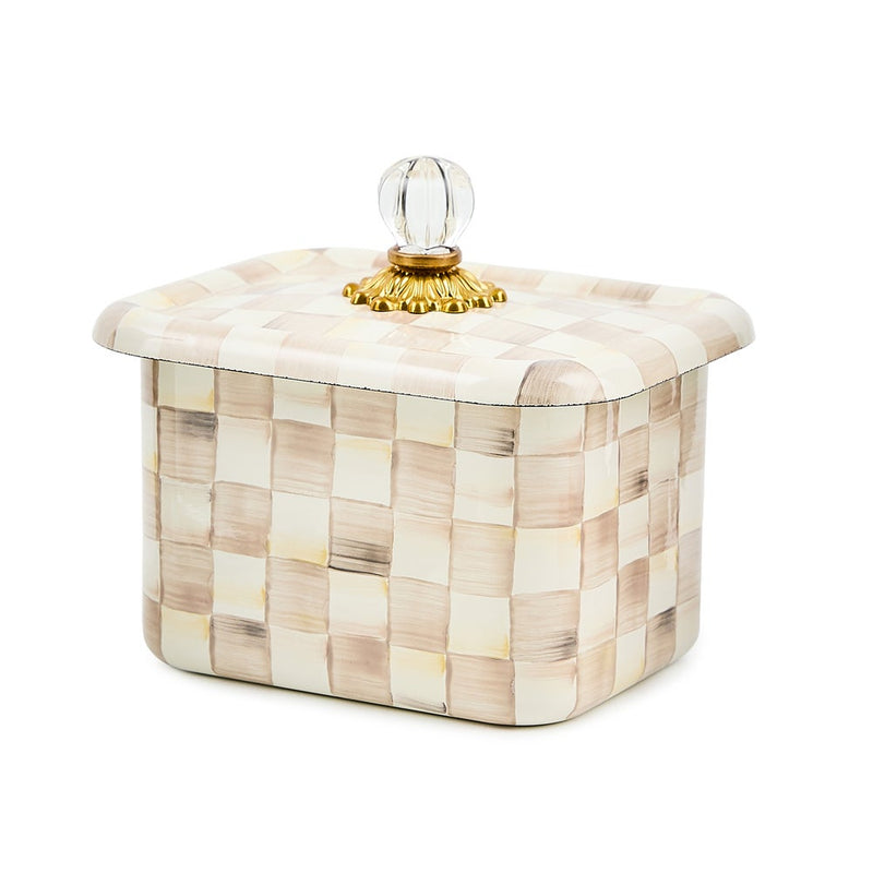 MacKenzie-Childs Mocha Check Recipe Box with hand-glazed steel, hand-painted checks, and a clear glass knob, perfect for storing recipe cards stylishly.