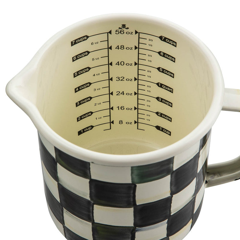 MacKenzie-Childs | Courtly Check 7 Cup Measuring Cup with black-and-white checks, spout, and handle; features internal graduated markings for accurate liquid measuring.