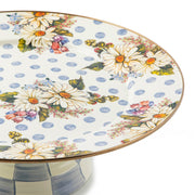 MacKenzie Childs | Wildflowers Blue Large Pedestal Platter: A decorative white ceramic stand with blue polka dots and floral designs, featuring a checked-pattern foot.