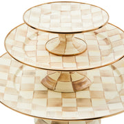 MacKenzie Childs | Mocha Check Large Pedestal Platter, featuring hand-painted mocha checks, a bronzed stainless rim, ideal for elegant dessert displays.
