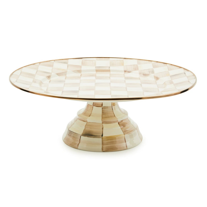 MacKenzie Childs | Mocha Check Large Pedestal Platter with hand-painted coffee checks, short base, and bronzed rim, ideal for elegant presentations at gatherings.