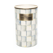 MacKenzie Childs | Sterling Check Utensil Holder: Tall ceramic pot with hand-painted checks, gold-tone rim, and brass nameplate, ideal for kitchen tools or brushes.