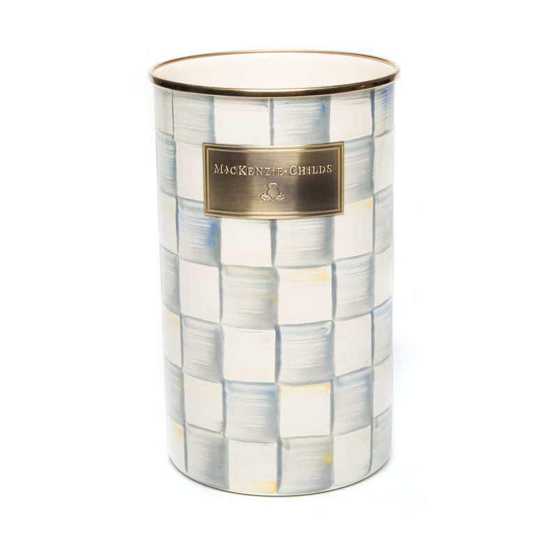 MacKenzie Childs | Sterling Check Utensil Holder: Tall ceramic pot with hand-painted checks, gold-tone rim, and brass nameplate, ideal for kitchen tools or brushes.