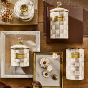 MacKenzie Childs | Mocha Check Utensil Holder, featuring hand-painted checks and bronzed rim, ideal for organizing kitchen tools or crafting supplies.