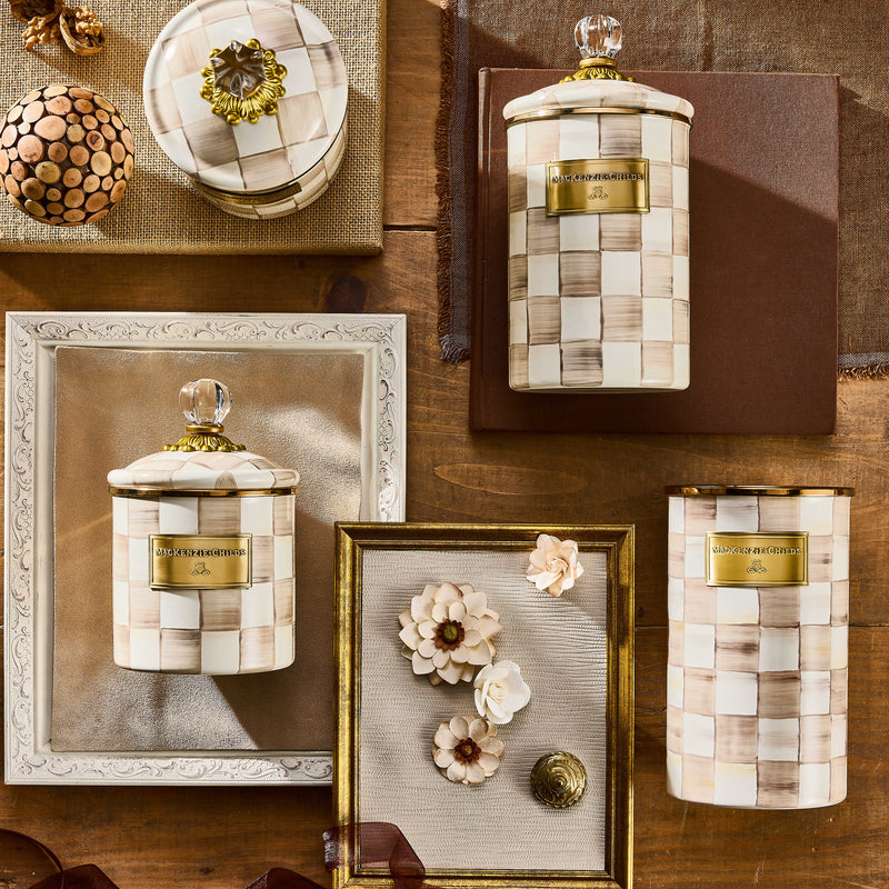 MacKenzie Childs | Mocha Check Utensil Holder, featuring hand-painted checks and bronzed rim, ideal for organizing kitchen tools or crafting supplies.