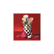 MacKenzie Childs | Courtly Check Utensil Holder filled with kitchen tools, accented by a red-striped towel and chicken timer, embodies Athens Cooks' curated kitchen elegance.