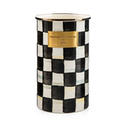 MacKenzie Childs | Courtly Check Utensil Holder: Tall ceramic canister with black-and-white checkerboard pattern, gold-trimmed rim, ideal for kitchen or art tools.