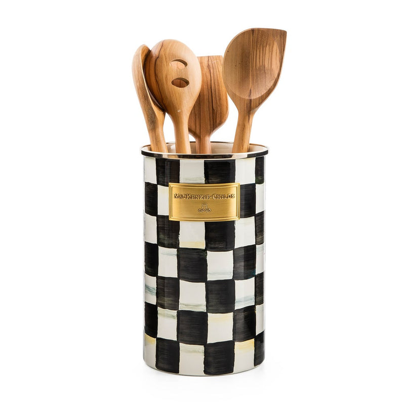 MacKenzie Childs | Courtly Check Utensil Holder filled with wooden kitchen utensils, featuring a hand-painted checkerboard design and gold nameplate, embodying Athens Cooks' curated kitchen elegance.