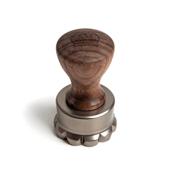 Marcato Heritage Line Ravioli Stamps - Flower with anodized aluminum body and Canaletto Walnut handles, featuring a spring-operated ejection mechanism for seamless ravioli creation.