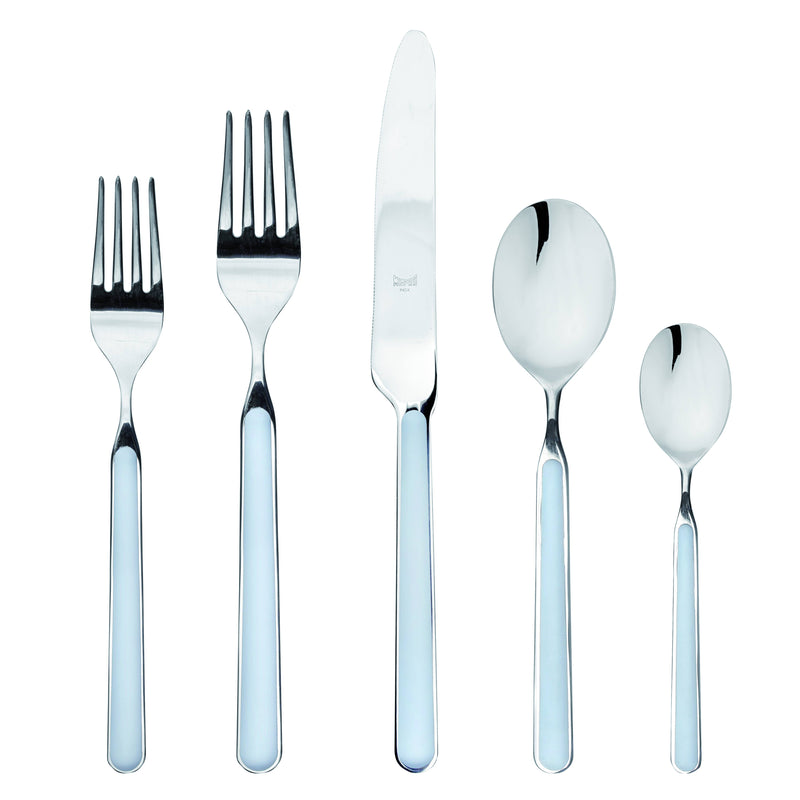 Mepra SPA - Place Set 5 Pcs Fantasia: China, featuring a fork, knife, and spoon crafted from high-quality 18/10 stainless steel with durable, welded handles.