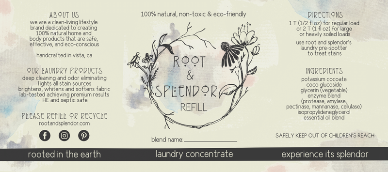 Root & Splendor Laundry Concentrate in a 16 oz reusable amber glass bottle, emphasizing sustainability with plant-based ingredients, featured in Athens Cooks' kitchen essentials collection.