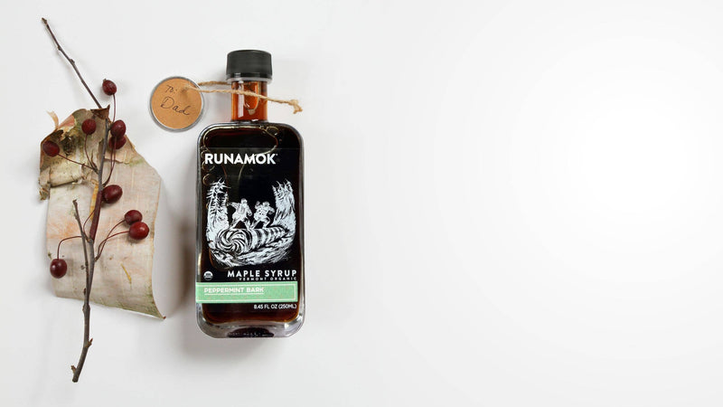 Runamok - Peppermint Bark Organic Maple Syrup 250ml with To: Dad gift tag, birch bark, and twig with red berries, ideal for holiday gifting.