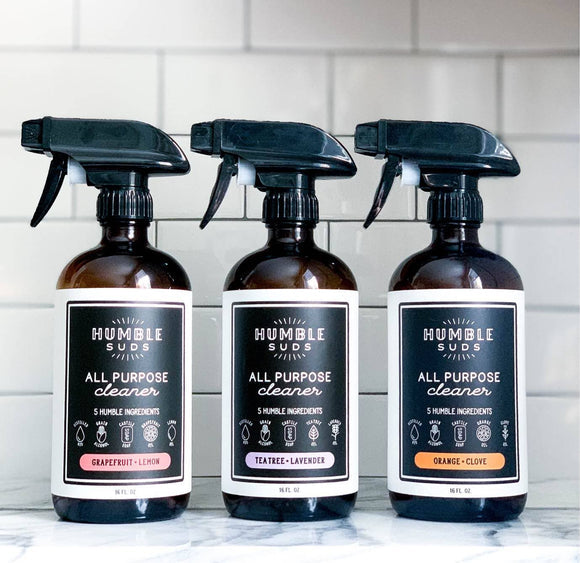 Humble Suds | Grapefruit & Lemon All Purpose Cleaner Refill with black sprayer, ideal for eco-friendly cleaning, crafted with essential oils and Castile soap base.