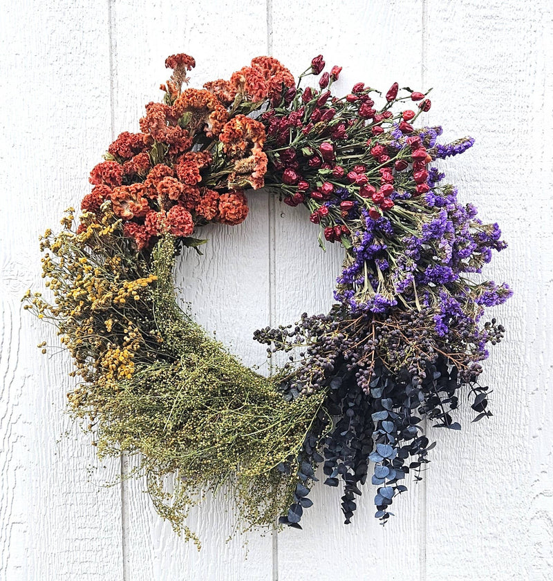 Alissas Flower Farm - Wreath: Kaleidoscope Beauty features a vibrant dried floral arrangement, showcasing Sweet Annie, tansy, and more, ideal for indoor decor.