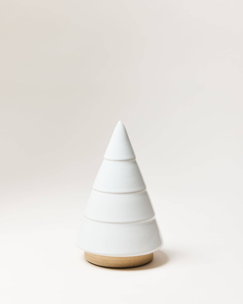 Farmhouse Pottery - Balsam Woodland Trees: Medium; a minimalist, white-glazed ceramic tree sculpture with stepped rings on a natural clay base, ideal for year-round decor.