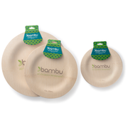 bambu® - Disposable Bamboo Round Plates: 11 inches, shown packaged in three sizes, eco-friendly and compostable, ideal for events or casual dining.