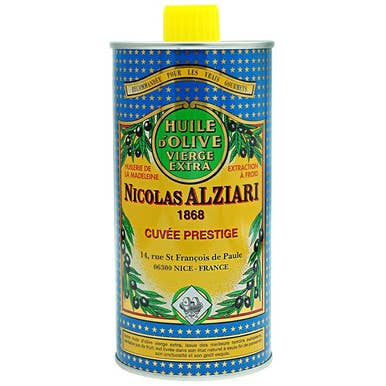 The French Farm - Nicolas Alziari Cuvee Prestige EVOO Tin 16.9oz, featuring a blue and gold design, offers a fruity, aromatic extra-virgin olive oil from Nice, France.