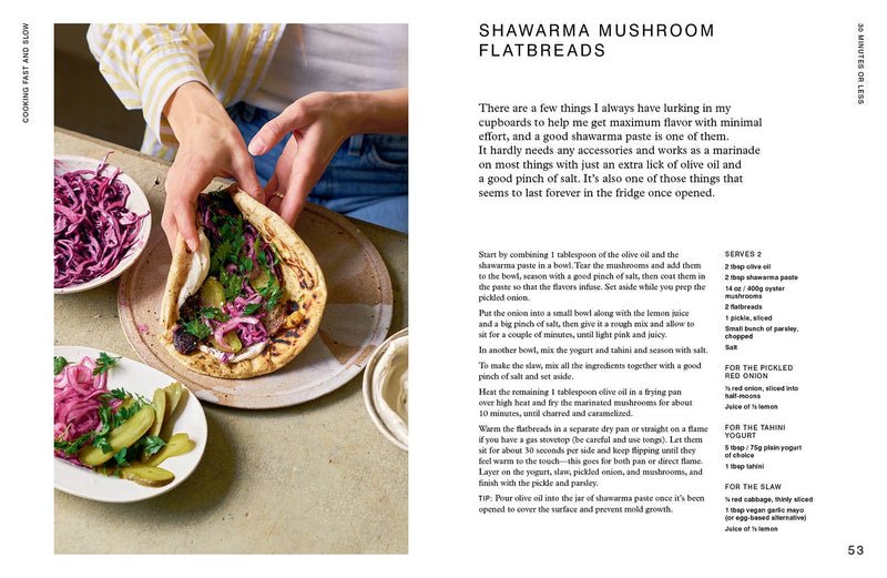 Penguin Random House LLC - Cooking Fast And Slow cookbook spread featuring Shawarma Mushroom Flatbreads recipe and vibrant food photography with ingredients and preparation details.