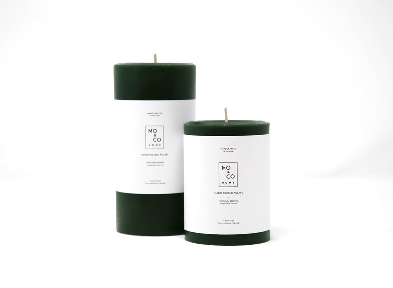 Mo&Co Home - Forest Green | 100% Beeswax Pillar Candle | All Natural, Handmade: 3x4 Inch and 3x6 Inch, showcasing handcrafted quality and sustainable materials.