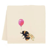 Bee with Balloon Tea Towel by Eric & Christopher, featuring a watercolor bee holding a pink balloon, screen printed on cotton, 28 x 28.