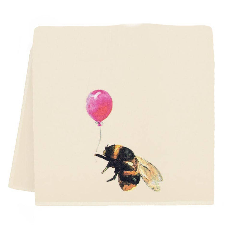 Bee with Balloon Tea Towel by Eric & Christopher, featuring a watercolor bee holding a pink balloon, screen printed on cotton, 28 x 28.
