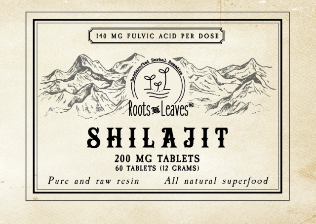 Roots And Leaves - Pure Shilajit Tablets 60ct. Vintage-style label with mountain artwork, highlighting 200 mg dosage, 140 mg fulvic acid, and eco-friendly, handcrafted production.