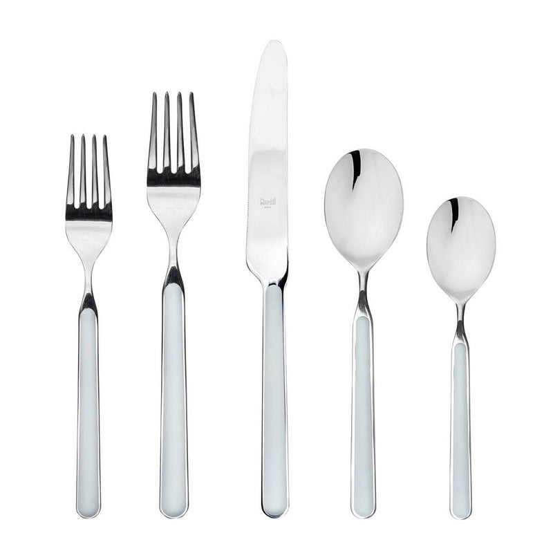 Mepra SPA - Place Set 5 Pcs Fantasia: Red, featuring high-quality Italian stainless steel silverware, including a knife, fork, and spoon. Durable, elegant design with welded handles.
