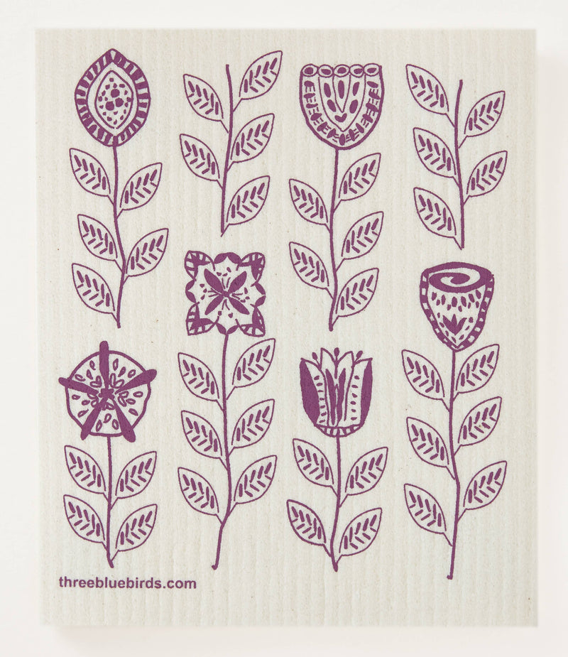 Three Bluebirds Swedish Dishcloths - Plum Garden design featuring purple floral patterns on a white napkin, ideal for kitchen use and environmentally friendly cleaning.