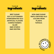Supernatural - Twinkles Sanding Sugar: Hot Pink infographic comparing non-GMO, vegan ingredients with traditional ones, highlighting its allergen-free and Kosher-certified features.