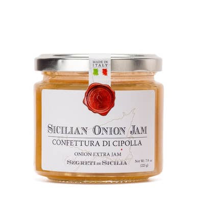 The French Farm - Frantoi Cutrera Sicilian Onion Jam 7.9oz in a glass jar from the Secret of Sicily line, ideal for enhancing various dishes.