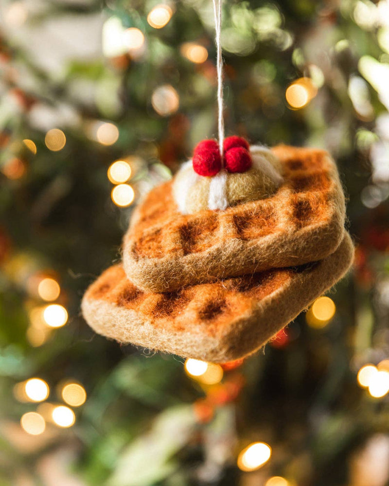Farmhouse Pottery - Felted Breakfast Ornament: Waffle Stack, featuring handcrafted wool waffles with a butter pat and berries, perfect for holiday tree decoration.