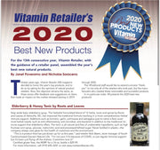 Roots And Leaves - Elderberry & Honey Tonic, 16 oz, featured in a promotional poster with a close-up of the glass bottle and a blue ribbon detail.