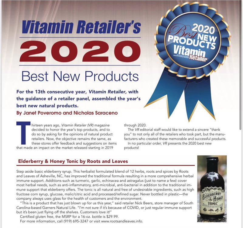 Roots And Leaves - Elderberry & Honey Tonic, 16 oz, featured in a promotional poster with a close-up of the glass bottle and a blue ribbon detail.